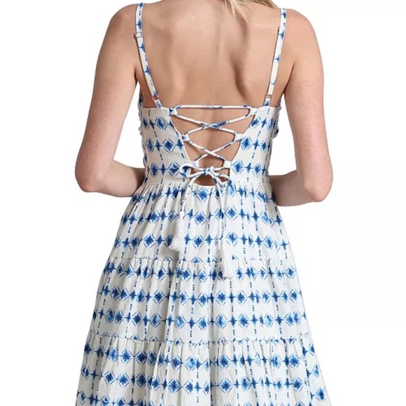 NWT Avec Les Filles White and Blue Ruffled Tiered Mini Dress - Picture 4 of 6
